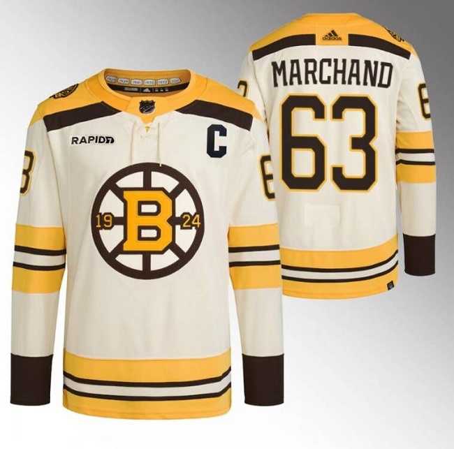 Mens Boston Bruins #63 Brad Marchand Cream With Rapid7 Patch 100th Anniversary Stitched Jersey Dzhi->boston bruins->NHL Jersey